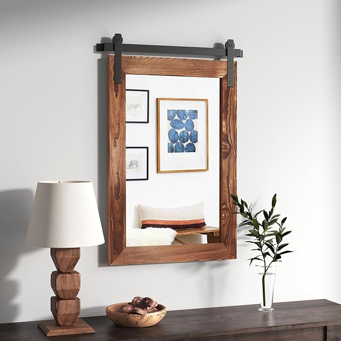 COGOOD Farmhouse Barn Door Wall Mirror - 25" X 38" Rustic Wood Framed Mirror for Bathroom, Living Room, Entryway Wall Decorative (Brown)
