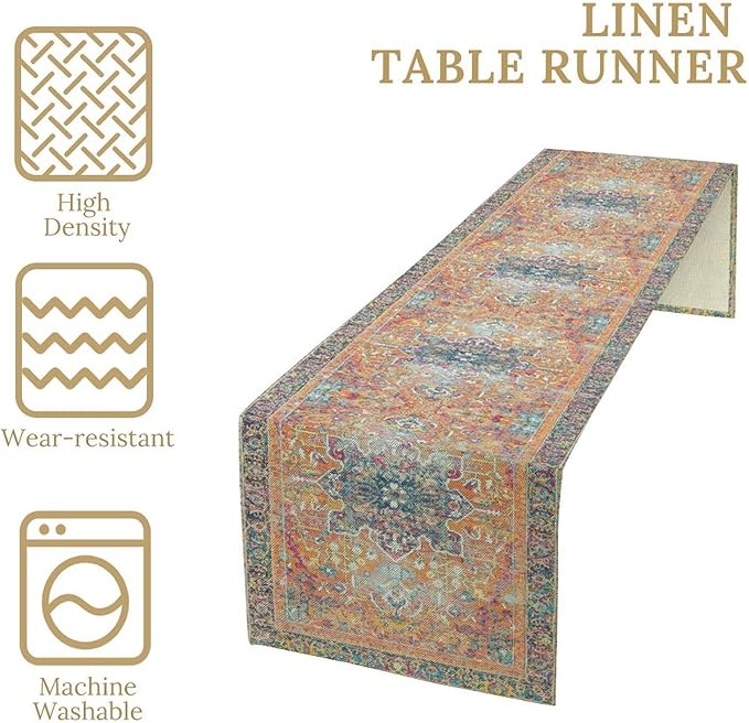 Boho Floral Vintage Table Runner, Orange Retro Flower Rustic Country Farmhouse Abstract Pattern for Home Kitchen Table Decor Dining Coffee Room Party Decor 13x120in