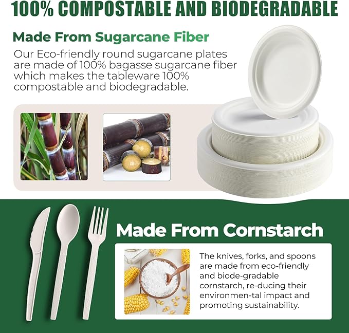 Disposable Plates Set, 250 Pcs White Round Bagasse Dinnerware