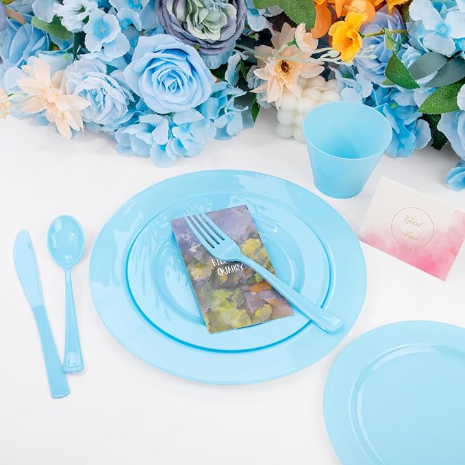 KIRE 150 Piece Blue Plastic Plates Disposable - Blue Dinnerware Set Includes 25 Dinner Plates, 25 Salad Plates, 25 Utensils Set 25 Clear Cups for Birthday/Picnic/Baby Shower