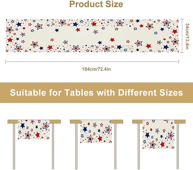 4th of July Table Runner, American Stars Patriotic Independence Day Table Runner for Indoor Outdoor Party Home Kitchen Dining Table Decor, Blue Red, 13x108inch