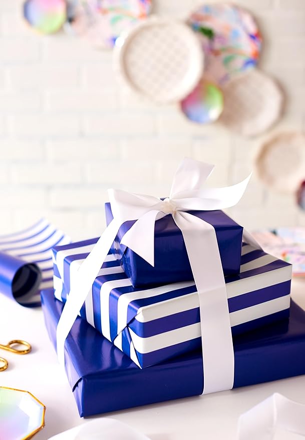 American Greetings Reversible Wrapping Paper Jumbo Roll for All Occasions, Navy and Stripes (1 Roll, 175 sq. ft.)