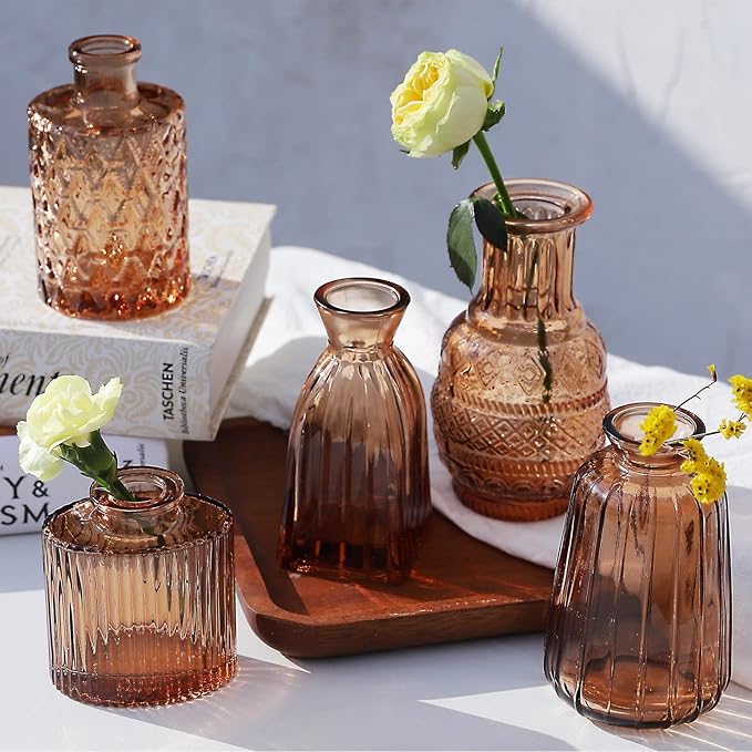 Amber Glass Bud Vases -Set of 20 for Flowers, Small Amber Bud Vases in Bulk for Centerpieces Decor, Mini Glass Set for Home Table Decorations