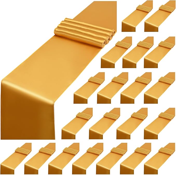 20 Pack Gold Satin Table Runner,12 x 108 inch Long Premium Smooth Gold Table Runners for Wedding, Banquets, Birthday, Party, Engagements,Table Runners fit Rectangle and Round Table