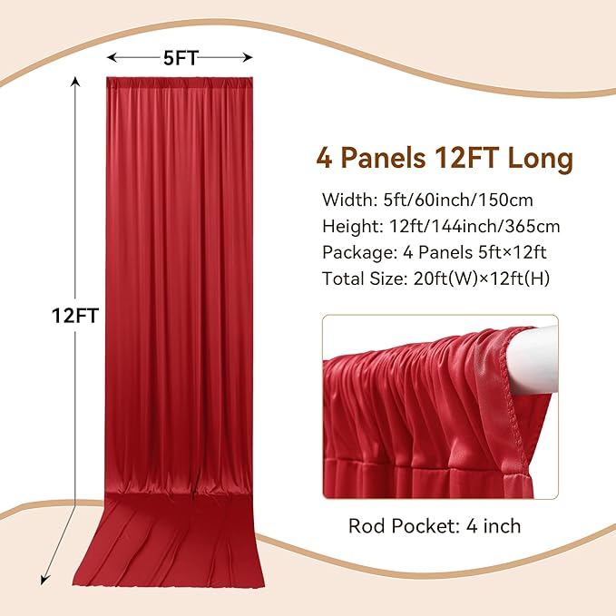 20×12ft Wrinkle Free Red Backdrop Curtain for Wedding Parties,4 Panels 5×12ft Long Soft Silky Polyester Backdrop Drapes Red Photo Back Drop Curtains for Photography Stage Christmas Background Cloth