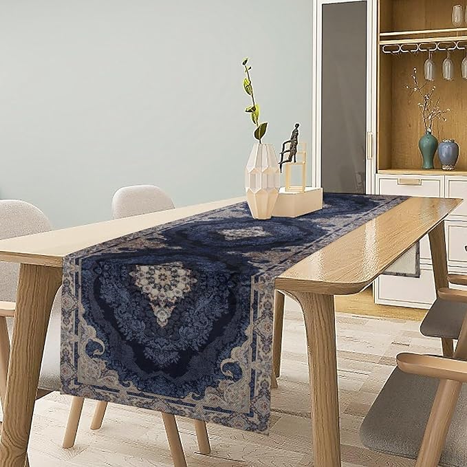 Vintage Boho Floral Table Runner, Rustic Country Farmhouse Dark Blue Grey Retro Flower Pattern for Home Kitchen Table Decor Dining Coffee Room Party Decor 13x36in