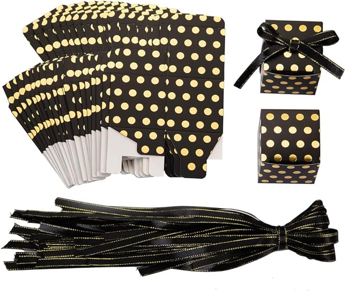 AWELL Black Gift Candy Box with Gold Dots Bulk 2x2x2 inches with Ribbon Party Favor Box, Gold Dots,Pack of 50