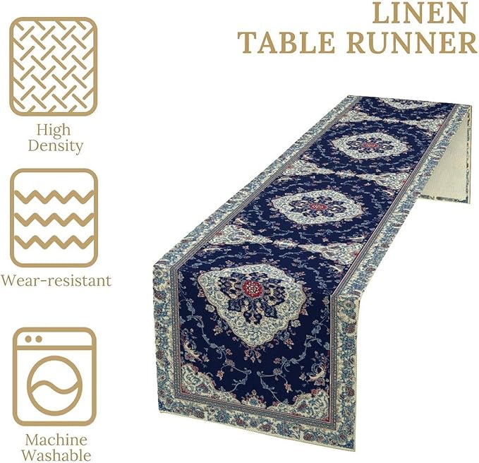 Elegant Palace Boho Blue Table Runner Vintage French Style Farmhouse Geometric Home Farmhouse Kitchen Table Dining Coffee Room Garden Party Wedding Decor 13x72in