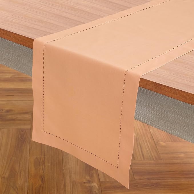 Solino Home Table Runner 120 Inches Long - Cotton Linen Hemstitch Peach Bloom Table Runner 14 x 120 Inch