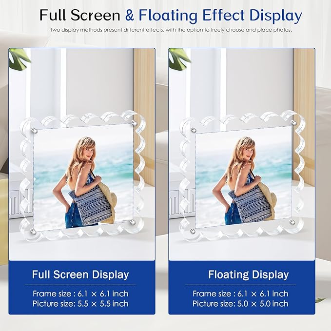 Acrylic Picture Frames .5×5inch 2Pack - Double-Sided Scalloped Photo Frame, 20mm Ultra-Clear Block, Modern Desktop Display for Home/Office Decor (2 Pack, 5X5)