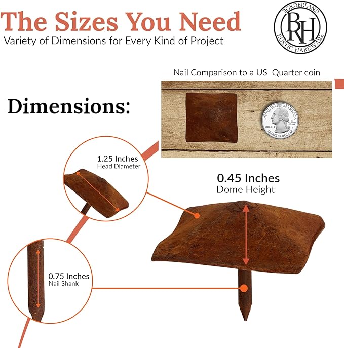 10 Pack 1.25" Square Head Iron Clavos Decorative Nails – Rusted – Handmade Rustic Square Fasteners for Farmhouse Shutters, Faux Wood Beams, Barn Doors, Shutters, and Gates – Ornamental Wood Accent