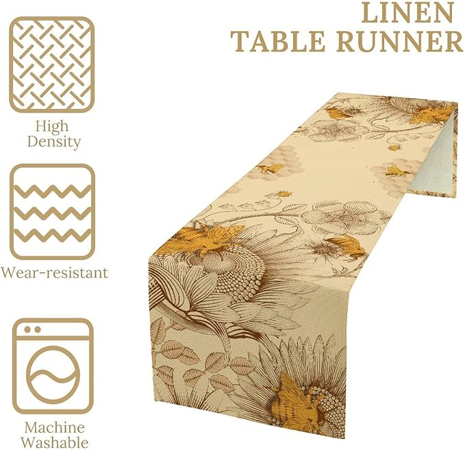 Vintage Bee Table Runner, Rustic Retro Wildflowers Print Home Farmhouse Table Cover for Party Indoor Outdoor Decoration Kitchen Dining Table Decor, 13x36inch