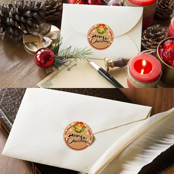 100-1000pcs Custom Stickers Merry Christmas Stickers Personalized Labels Adhesive Xmas Decorative Envelope Seals Stickers for Cards Gift Boxes (Round Kraft -6)