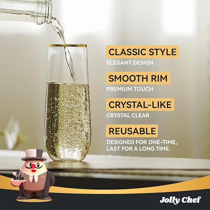Stemware Set: 36 Gold-Rim Plastic Champagne Flutes, 9 Oz Each