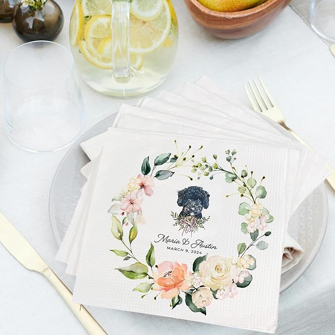 Luxury Personalized Dog Wedding Napkins, Personalized Cocktail Napkins For Bar, Customized Bridal Shower, Engagement Party