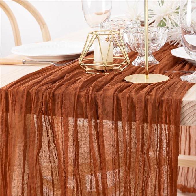 MLMW 6 Pack Fall Thanksgiving Table Runner Cheesecloth Autumn Harvest Rust Terracotta Cheese Cloth Boho Gauze 160 inch Table Runner 13.3ft for Wedding Party Baby Bridal Shower Birthday