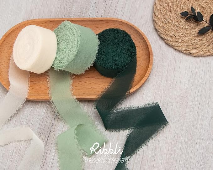 Ribbli Sage Green Ribbon 1 Inch x 3 Rolls Total 24 Yards Green Handmade Fringe Chiffon Silk Ribbon for Wrapping Wedding Invitations Bridal Bouquets DIY Crafts Home Decor