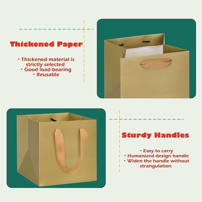 Gift Bags Pack of 10 Gold Square Bottom 12 Inch with Handles