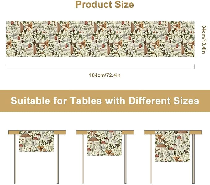 Mushroom Table Runner,Vintage Forest Flower Plant Print Table Runner for Kitchen Dining Table Home Party Decoration 13x108 Inch