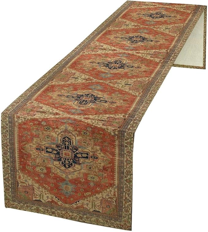 Vintage Boho Floral Table Runner, Rustic Country Farmhouse Orange Yellow Grey Retro Flower Pattern for Home Kitchen Table Decor Dining Coffee Room Party Decor 13x108in