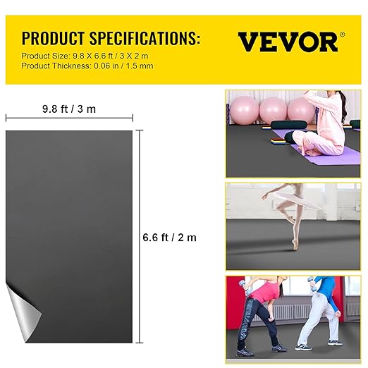 VEVOR Dance Floor Roll - 6.6x9.8ft, 0.06in Thick PVC Vinyl, Black/Grey Reversible, Non-Slip, Ballet & Jazz Style