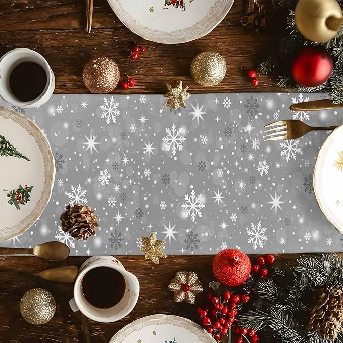 Christmas Snowflakes Cotton Linen Table Runner for Dining Kitchen, Xmas Tree Snow Winter Wedding Outdoor Party Tablerunners Decoration, Grey Balls Dresser Scarf Coffee Tablecloth Runners 13x120 Inches