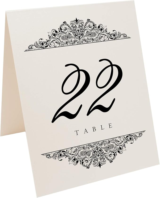 Table Number Cards, Numbered 1-110, Black Paisley Design
