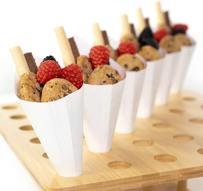 MONTX® 200-Pack Disposable Food Cones | 7" or 6" | White Food-Safe Paper Charcuterie Cones for Appetizers, Popcorn, Snacks, Confetti | Eco-Friendly Alternative to Wood Cones (6 Inch)