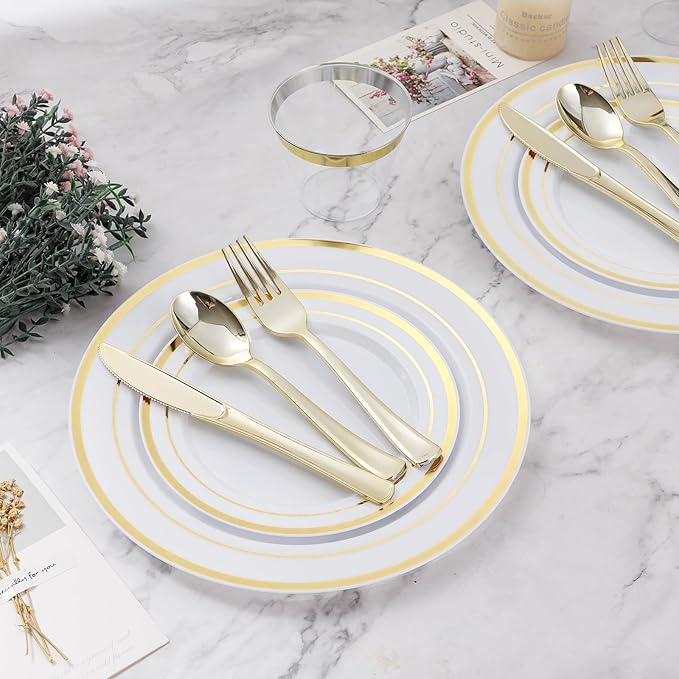 BESTVIP 600PCS Gold Dinnerware Set for 100 Guests, Plastic Plates for Party, 100 Gold Disposable Plates, 100 Dessert Plates, 100 Cups, 100 Spoons, 100 Forks and 100 Knives