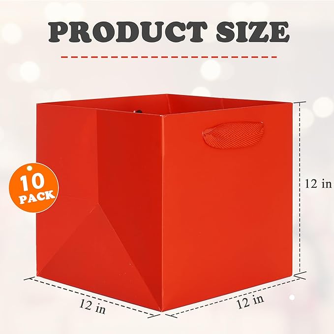 Gift Bags, Red Paper, 12x12 Inch Square Bottom with Handles, Pack of 10
