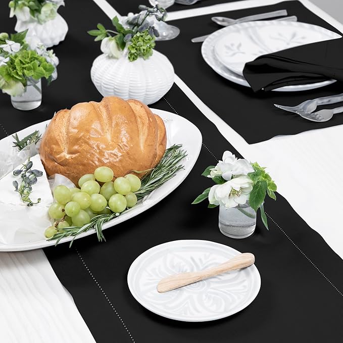 Solino Home Linen Black Table Runner 156 Inches Long - 100% Pure Linen Extra Long Table Runner 14 x 156 Inch for Fall, Autumn, Halloween - Classic Hemstitch