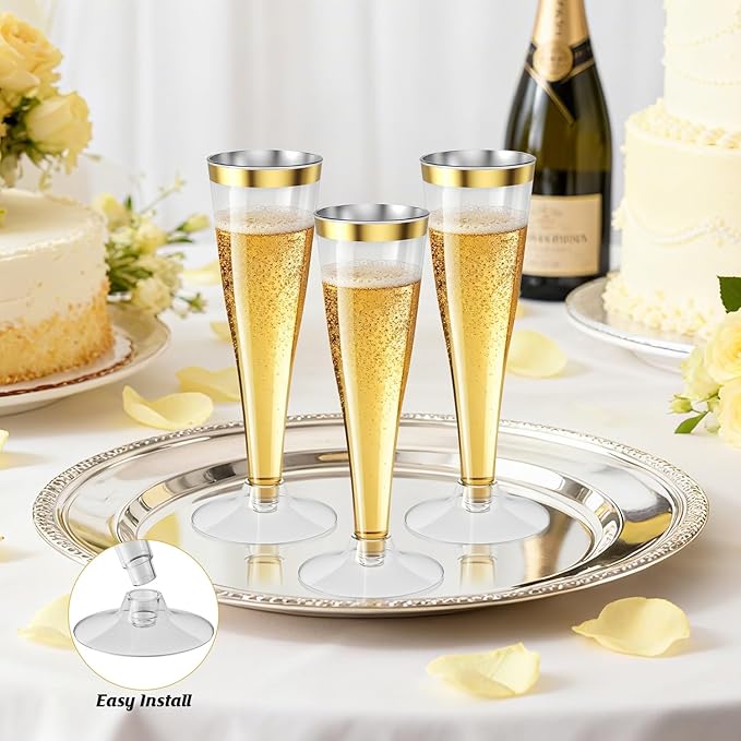 100 Pack Champagne Flutes Plastic Wine Glasses Disposable, 4.5 Oz Gold Rim Mimosa Glasses for 2025 Engagement Wedding Birthday New Years Eve Xmas Party Supplies, Bulk Toasting Cocktail Cups