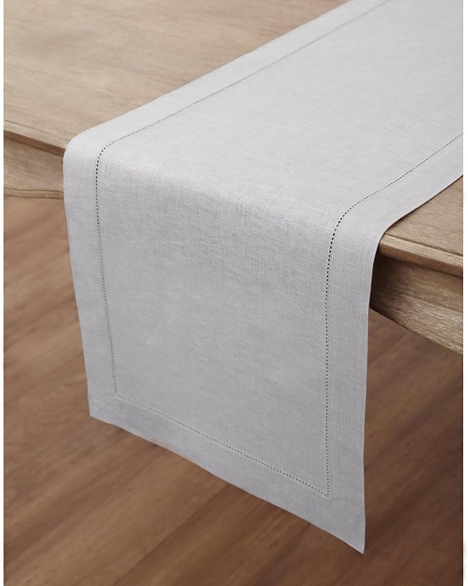 Solino Home Linen Soft Grey Table Runner 60 Inches - Classic Hemstitch, 100% Pure Linen Coffee Table Runner 14 x 60 Inch Ideal for Dresser Tables - Fall, Autumn, Halloween, Thanksgiving, Christmas