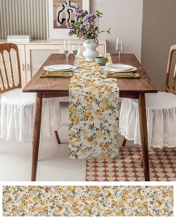 Vintage Orange Flower Cotton Linen Table Runner for Dining Kitchen, Wedding Outdoor Party Tablerunners Decoration, Farmhouse Botanical Floral Retro Dresser Scarf Coffee Tablecloth Runners 13x36 Inches