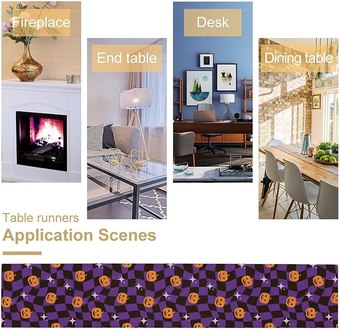 Halloween Table Runner,Purple Checkered Pumpkin Table Runner for Kitchen Dining Table Decoration Home Party Decor 13x70 Inch