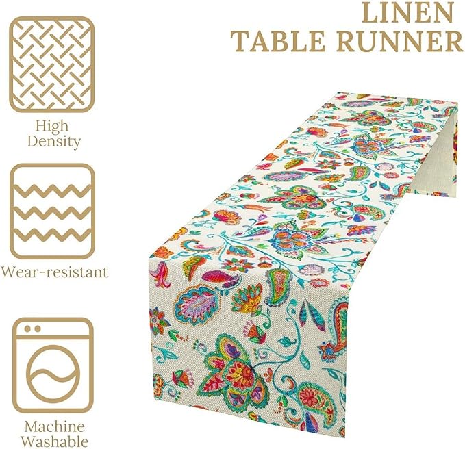 Paisley Table Runner, Watercolor Floral Oriental Indian Traditional Tulips Leaves Bohemian Paisley Print Table Runner for Kitchen Dining Tables Party Decor, 13x90inch