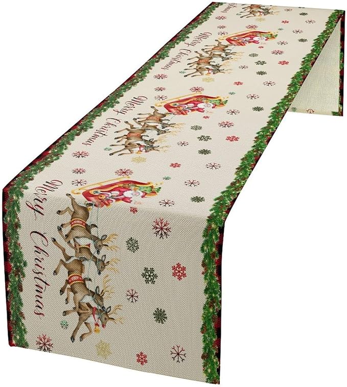 Christmas Table Runner,Xmas Deer Cute Santa Claus Red Plaid Pattern Printed Tablecloth Burlap for Hotel Indoors Outdoor Dining Room Kitchen Home Decor,W13X L60 in