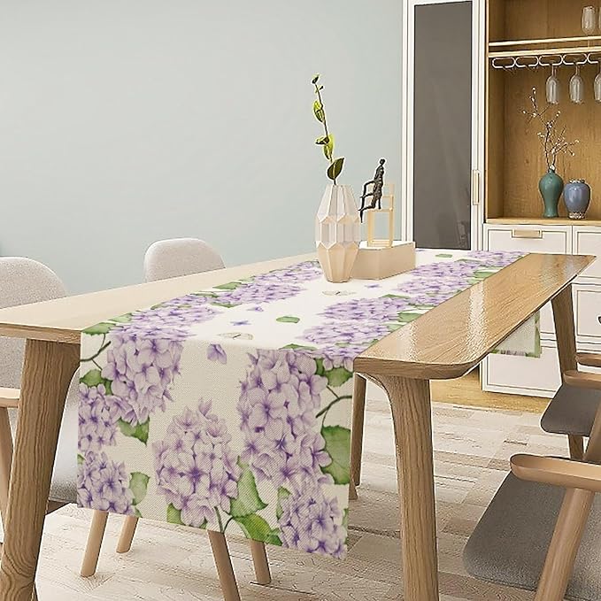 Watercolor Hydrangea Flower Table Runner, Spring Summer Seasonal Plants Butterfly Pink Lavender Dinner Runner for Home Kitchen Dining Table Party Holiday Decoration 13"x108"