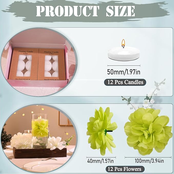 Vase Fillers: 12 Green Floating Flowers and 12 White Floating Candles