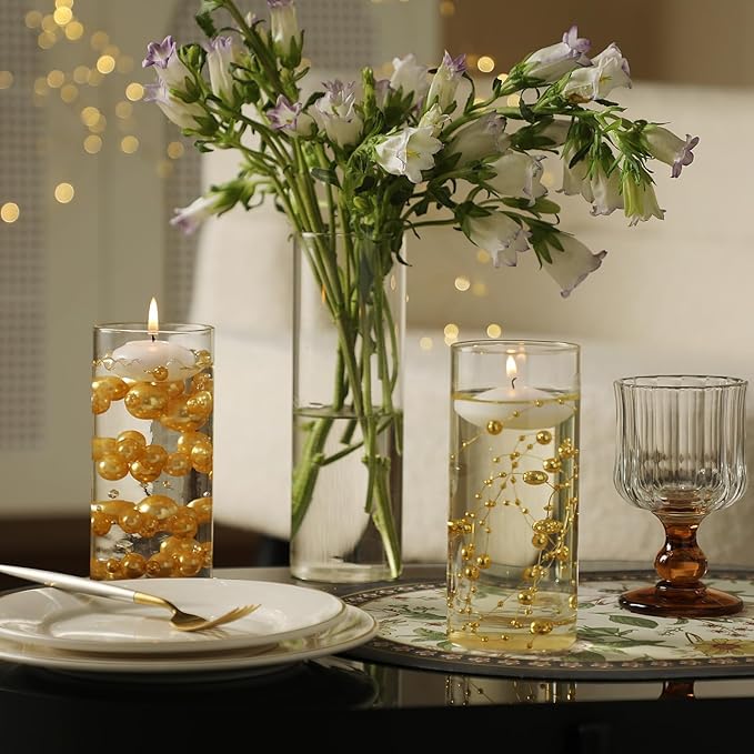 Set of 6 Glass Cylinder Vases for Centerpieces with 4 Pack Vase Filler 6 Pearl String 12 White Floating Candles for Centerpieces, Center Pieces for Table Wedding Party Home Decor 5, 6, 8 Inch