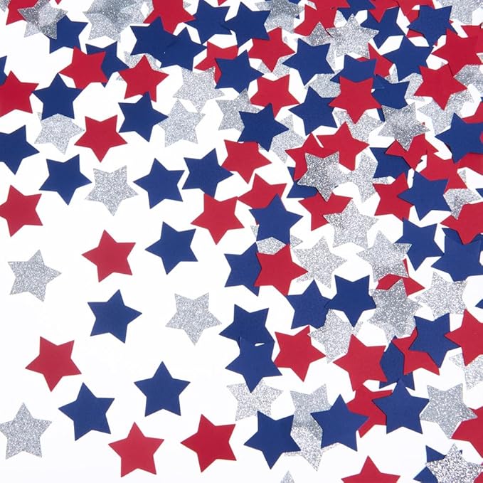 Silver Blue and Red Star Confetti Table Decoration for 4th July Independence Day Graduation Retirement Patriotic Theme Party,1.2 inch in Diameter,200 Counts