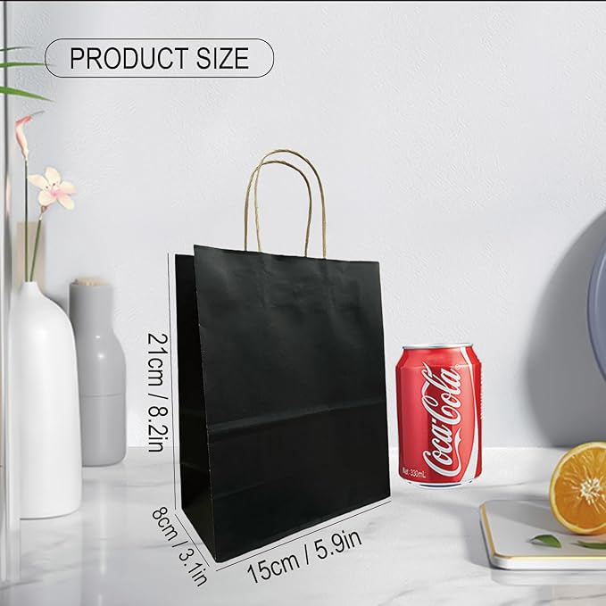 BAG BOX 25 Pack Small 5.9x3.1x8.25 Inch Black Kraft Paper Gift Bags with Handles for Bulk Shopping, Retail, Craft, Party Favors, Wedding, Grocery & Sacks
