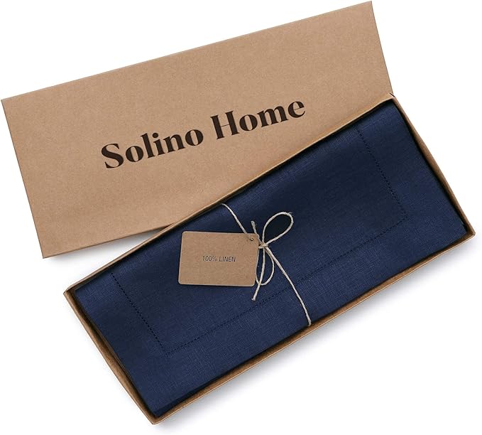 Solino Home Linen Navy Blue Table Runner 90 Inches Long - 100% Pure Linen Hemstitch 14 x 90 Inch Table Runner for Dining, Fall, Autumn, Thanksgiving, Christmas - Classic Hemstitch