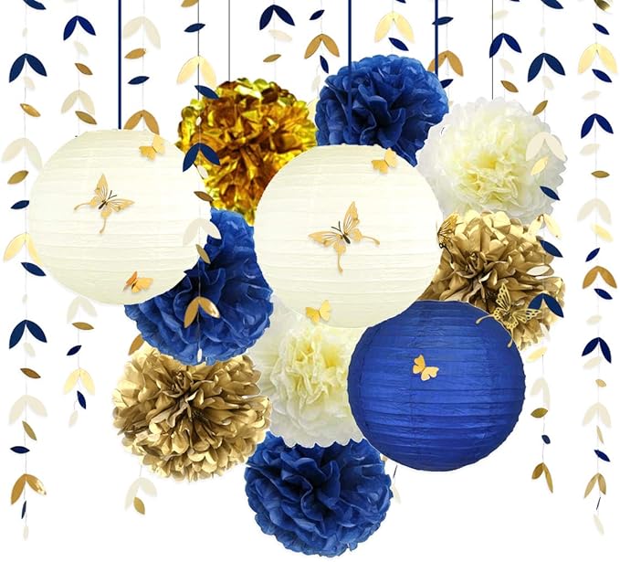 Banners Party Decor Kit in Navy Blue and Gold, 40 Pieces, Paper Lanterns