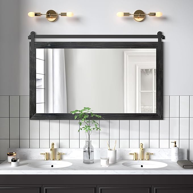 COGOOD Farmhouse Bathroom Mirror - 45 x 30 Large Rectangle Barn Door Mirror for Vanity, Bedroom, Living Room Wall Decor (Black)