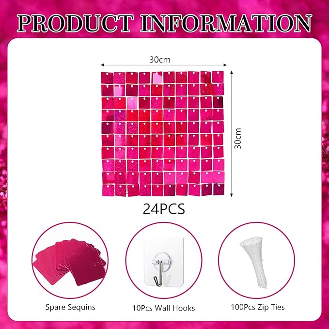 24PCS Fuchsia Shimmer Wall Backdrop, Laser Square Sequin Photo Backdrops Panel, Glitter Wall Background for Birthdays, Weddings, Christmas, Engagements, Disco Bachelorette Party Decoration (4FTx6FT)