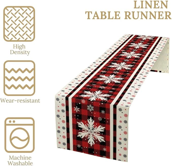 Snowflakes Christmas Table Runner,Red Buffalo Plaid Seasonal Winter Kitchen Dining Table Decoration for Home Party Decor 13x70 Inch