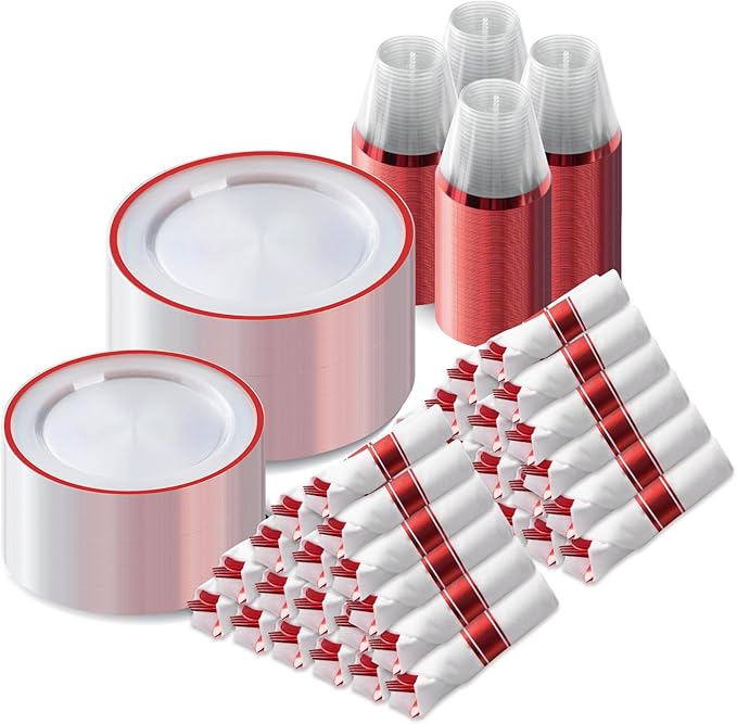 Disposable Plates Set, 700 Pieces, Red Plastic for 100 Guests
