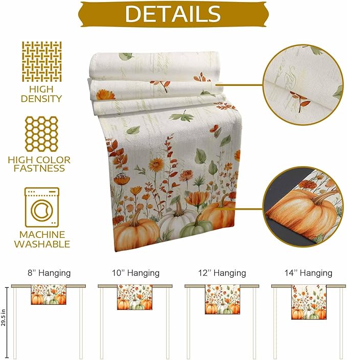 Fall Wildflowers Cotton Linen Table Runner for Dining Kitchen, Thanksgiving Pumpkin Outdoor Party Rustic Tablerunners Decoration, Botanical Floral Vintage Dresser Scarf Tablecloth Runners 13x36 Inches