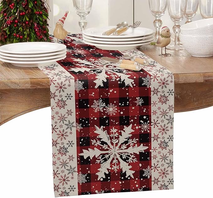 Buffalo Plaid Christmas Cotton Linen Table Runner for Dining Kitchen, Snowflake Red Black Check Wedding Outdoor Party Tablerunner Decoration, Retro Dresser Scarf Coffee Tablecloth Runners 13x36 Inches